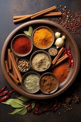Various spices in rounded tray overhead view.