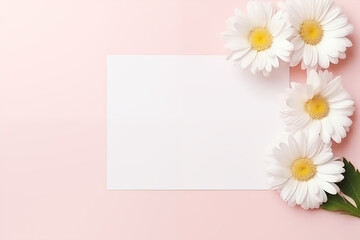 Blank white card mockup with daisy flowers on pink background. Card mockup with copy space, Generative AI