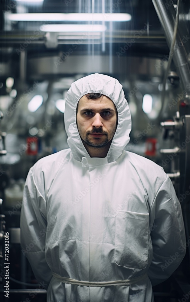 Poster a man in a white lab coat standing in front of a machine. generative ai.