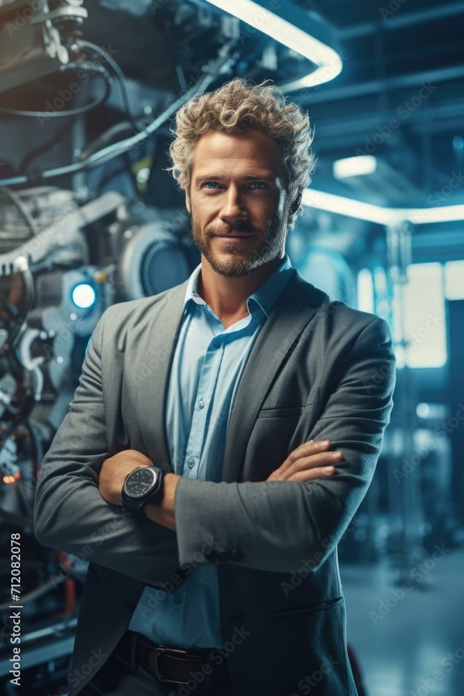 Poster a man in a suit standing in front of a machine. generative ai.