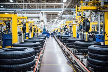 A factory with tires on the conveyor belt. Generative AI.