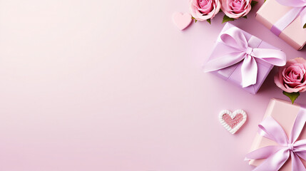 Romantic Flat Lay Composition for Valentines Day: Heart-Shaped Ribbon, Gift Boxes, and Rose Flowers on Pink Background, Perfect for Greeting Cards and Love-Themed Promotional Content.