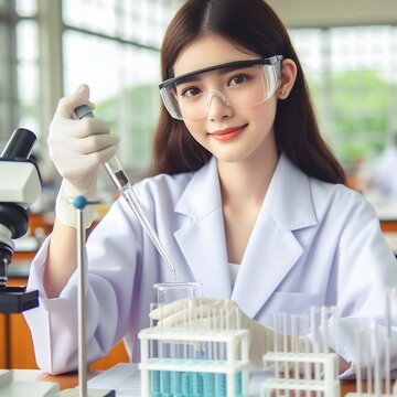 A young girl wearing lab coat and goggles doing a titration of chemistry experiment in a standard chemical laboratory 