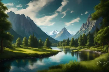 Poster Witness the beauty of a narrow river gently flowing between trees and verdant greenery, with a majestic mountain in the distance under a cloudy sky. © Muhammad