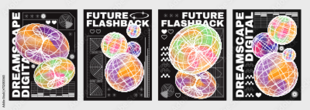 Poster y2k retro style poster and cover design template with wireframe circle and ball shapes with gradient