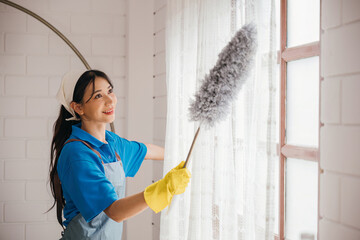 Smiling woman's portrait during window cleaning with a duster. Standing she enjoys routine...