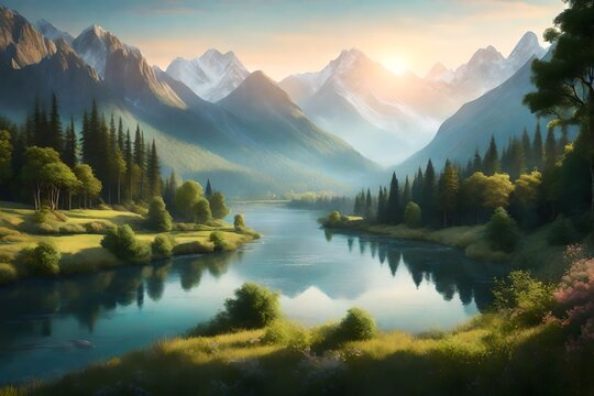 Picture a narrow river meandering through a peaceful woodland, embraced by trees and flourishing greenery. On the horizon, a majestic mountain stands 