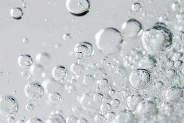 Close-up of white transparent drops liquid bubbles molecules