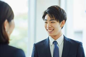 笑顔で同僚と談笑する会社員の日本人男性の会社員（商談・会議・ランチ・ビジネスマン） - obrazy, fototapety, plakaty