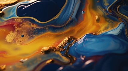The close up of a glossy liquid surface abstract in navy blue, golden yellow, and deep red colors...