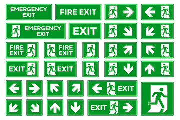 Exit sign set. Emergency and fire exit icons. Man running out arrow, green background. - obrazy, fototapety, plakaty