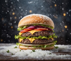 Hamburger on snow with snowflakes and bokeh background