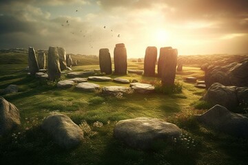 Artistic depiction of serene Celtic stonehenge amidst magical neolithic landscape. Generative AI