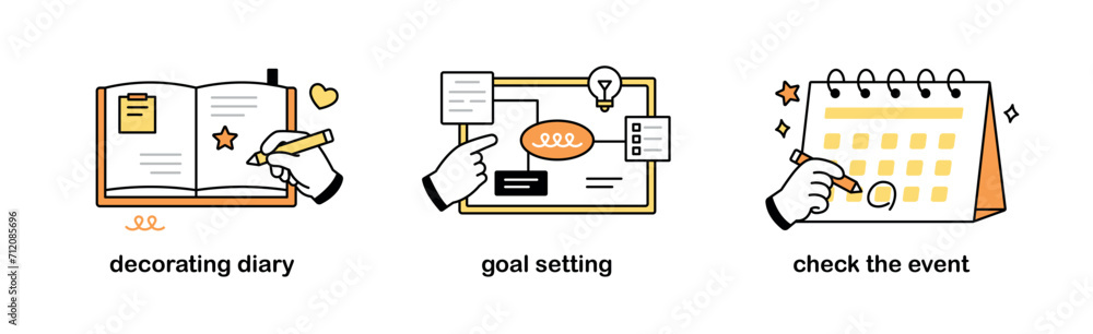 Poster hands making new plans, checking schedules on calendars, and drawing idea maps. outline simple vecto