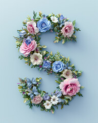 Floral letter "S" made of spring flowers, pastel blue color background, spring concept