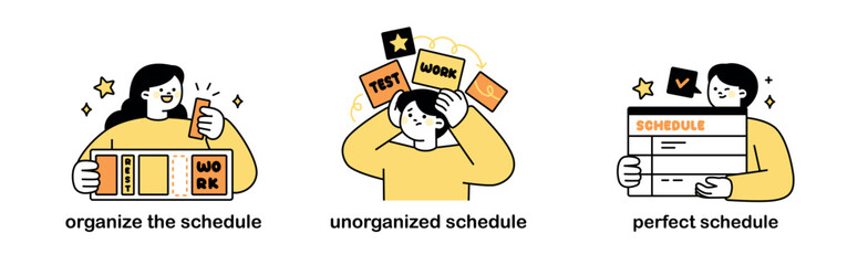 There are those who organize their schedules systematically, those who are disorganized, and those who tabulate them perfectly. outline simple vector illustration.