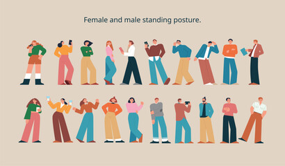 Many people are standing in various postures. Collection of men and women casual characters. flat vector illustration. - obrazy, fototapety, plakaty