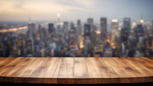 The empty wooden table top with blur background of city skyline. Exuberant image. generative ai