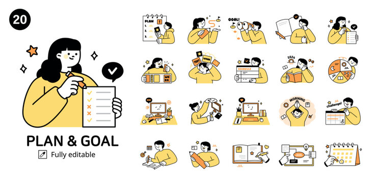 People who set goals and make plans for their own growth and development. outline simple vector illustration mega collection.