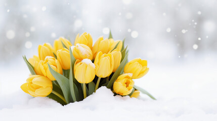 Celebrating International Women's Day with Yellow Tulips in the Snow – Festive Background for Mother's Day, Birthday, and Saint Valentine, March 8