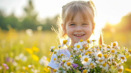 Happy innocent child holding a bouquet of wildflowers, adding a touch of nature to their joyful Easter and spring celebration