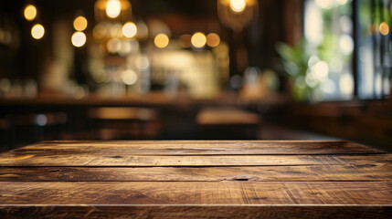 wood table on blur of cafe, coffee shop, bar, background - can used for display or montage your products - Powered by Adobe