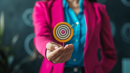 Image of a businesswomen show year goals target icon in hand, management development and digital marketing, banking, Investment financial, Good human development - obrazy, fototapety, plakaty
