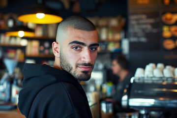 Portrait of young Persian man in a morning coffee shop wearing a black hoodie looking at the camera