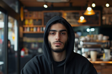 Portrait of young Persian man in a morning coffee shop wearing a black hoodie looking at the camera