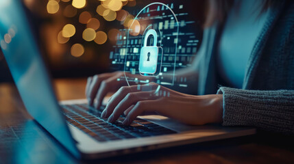 Woman using a laptops computer show a Privacy Lock icon on virtual screen interfaces