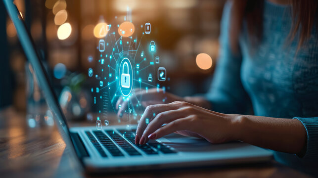 Woman using a laptops computer show a Privacy Lock icon on virtual screen interfaces