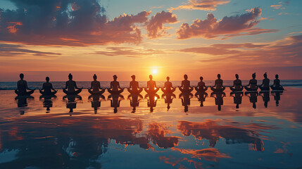 yoga retreat on the beach at sunset, silhouettes of group of people meditating
