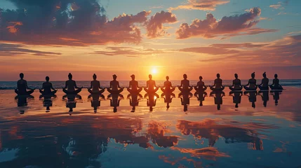 Foto op Plexiglas Strand zonsondergang yoga retreat on the beach at sunset, silhouettes of group of people meditating