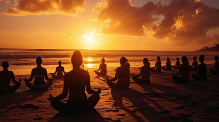 yoga retreat on the beach at sunset, silhouettes of group of people meditating - obrazy, fototapety, plakaty