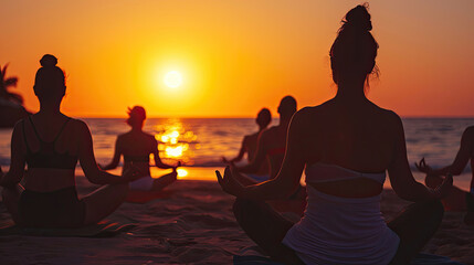 yoga retreat on the beach at sunset, silhouettes of group of people meditating