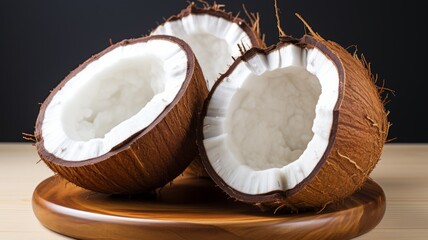 Indoor studio photo of fresh coconut, nutritious fruit for healthy diet