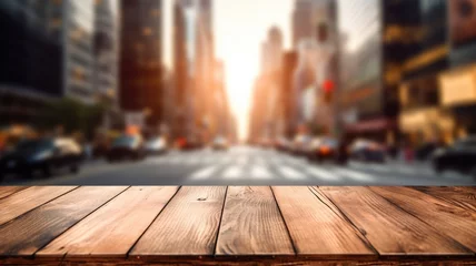 Cercles muraux TAXI de new york The empty wooden table top with blur background of NYC street. Exuberant image. generative AI