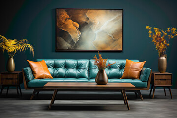 Craft a serene lounge with brown and teal sofas, complemented by a wooden table. 