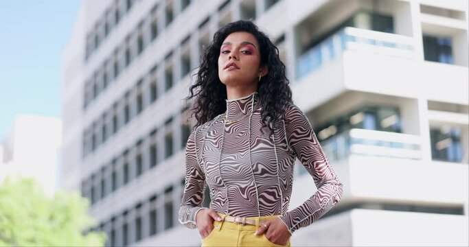 Fashion, confidence and face of woman in city with trendy clothes, modern style and cool outfit. Weekend, gen z model and portrait of young person with pride, cosmetics and makeup in urban town