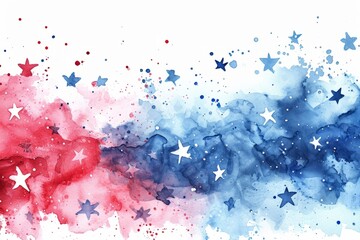 Watercolor splashes in red and blue colors with stars. USA national holiday concept background