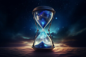 States of mind, culture and religion, life, art concept. Beautiful retro hourglass in surreal desert and night sky with stars background illustration. Fragile and short life metaphor