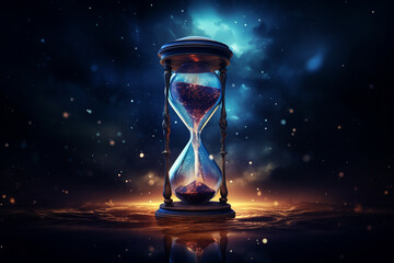 States of mind, culture and religion, life, art concept. Beautiful retro hourglass in surreal desert and night sky with stars background illustration. Fragile and short life metaphor