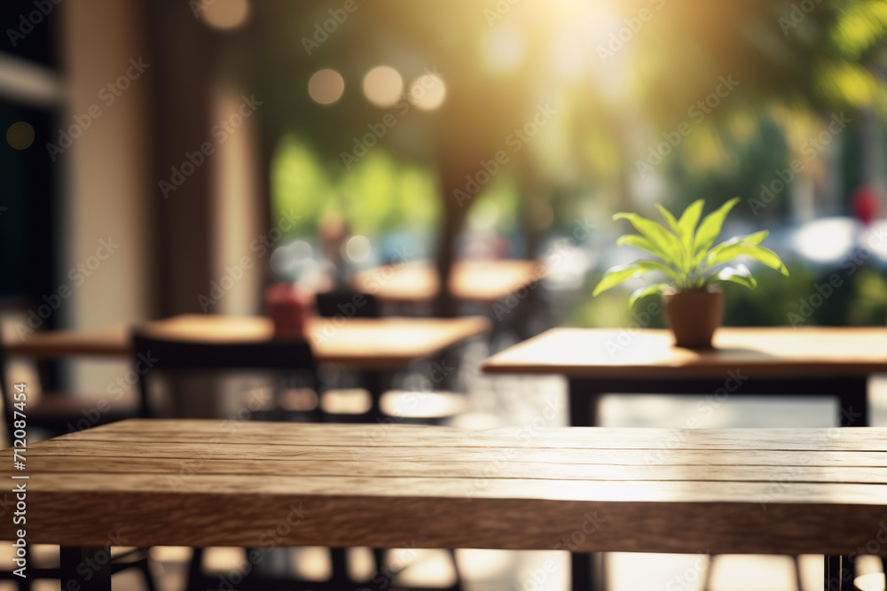 Poster wooden table blurred background of restaurant of cafe with bokeh. flawless generative ai