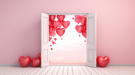 Captivating Valentines Concept: Love-filled Room with Open Door, Heart-Shaped Balloons, and Copy-Space for Romantic Text or Promotional Content