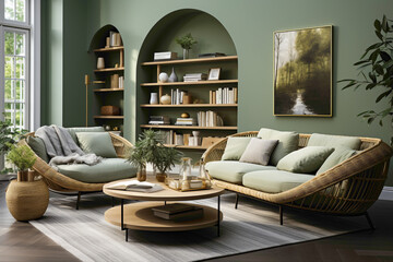 Step into a modern haven of design where an Ellipse coffee table graces the center of a living room, accompanied by a light green sofa and wicker chairs against a backdrop of a calming green wall. 