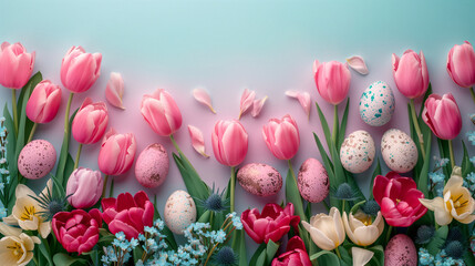 A colorful border of pink tulips and speckled Easter eggs on a gradient backdrop.