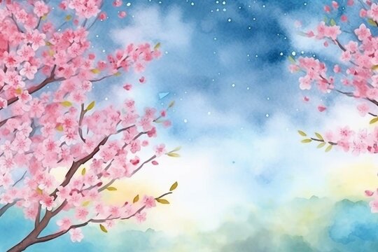Spring background with blue sky and cherry blossoms in watercolor illustration. Generative AI