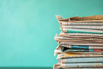 Stack of newspapers with teal copy space - obrazy, fototapety, plakaty