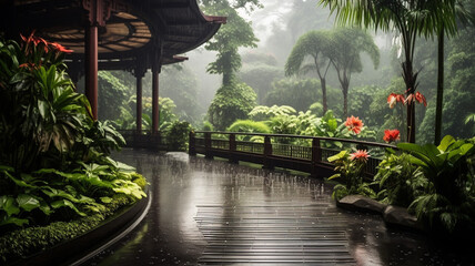 A large glass botanical garden in Singapore during a rainy season - obrazy, fototapety, plakaty