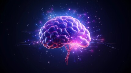 Luminous Neural Activity. Glowing Deep Blue Brain Structure. Neon Network of Synapses. Horizontal Banner with Artificial Intelligence. Futuristic Cyber Style. Neural Network Energy. AI Generated